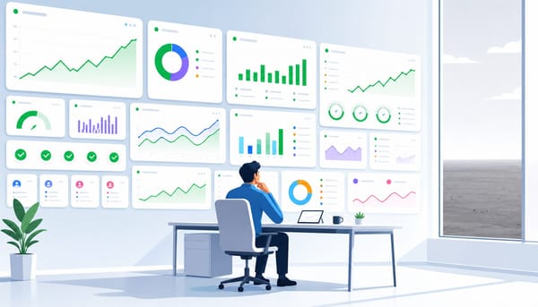 Person at desk facing wall of green SaaS dashboards while a flat horizon suggests stalled growth