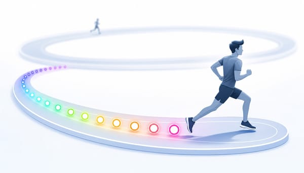 Runner completing a tight lap with compounding markers, representing the weekly marketing sprint cadence