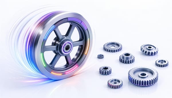 Spinning flywheel gaining momentum surrounded by scattered dormant gears representing b2b saas growth hacks