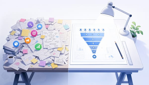 Split drafting table contrasting a chaotic marketing plan with a structured b2b saas marketing plan blueprint