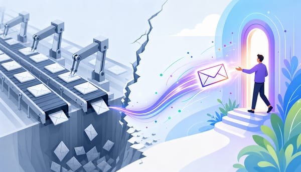 Split scene contrasting generic mass email delivery with adaptive SaaS onboarding emails responding to user behavior