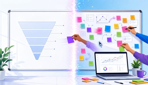 Split view contrasting a static b2b saas marketing funnel diagram with a dynamic execution workspace