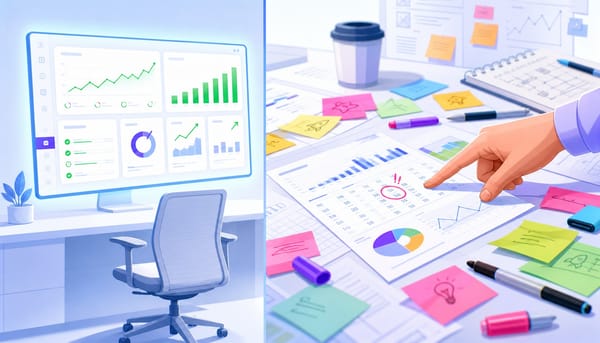 Split view of a clean SaaS marketing metrics dashboard versus a hands-on analysis war room