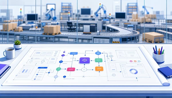 Strategic blueprint in foreground with stalled factory behind it representing a b2b saas go to market strategy gap