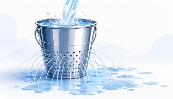 Water pouring into a leaking bucket, representing how a strong SaaS quick ratio can hide churn problems