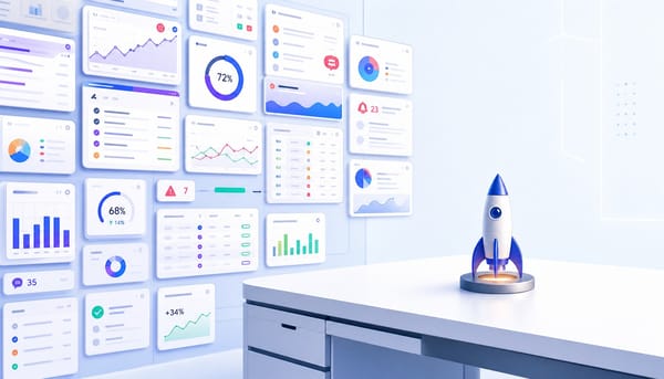 Workspace contrasting multiple analytics dashboards with a single shipped output, representing SaaS marketing tools gap